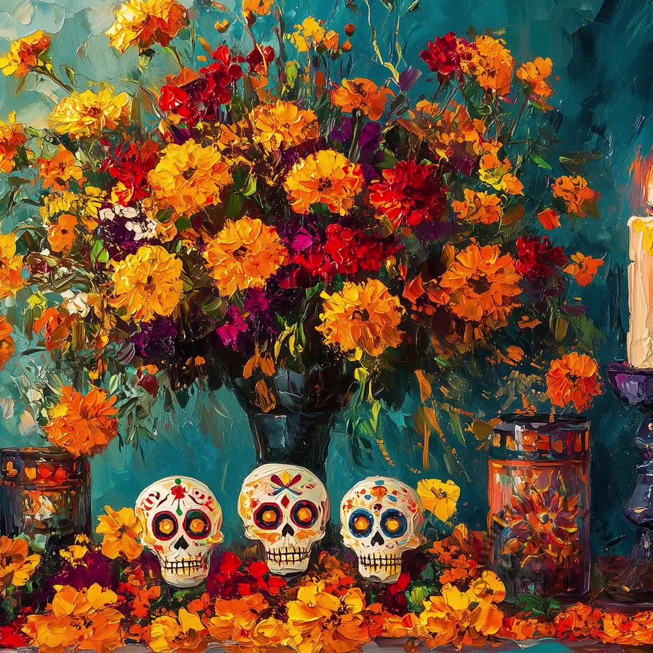 死者の日 祭壇油絵 - お祝いの花とキャンドルの装飾、メキシコ風の壁